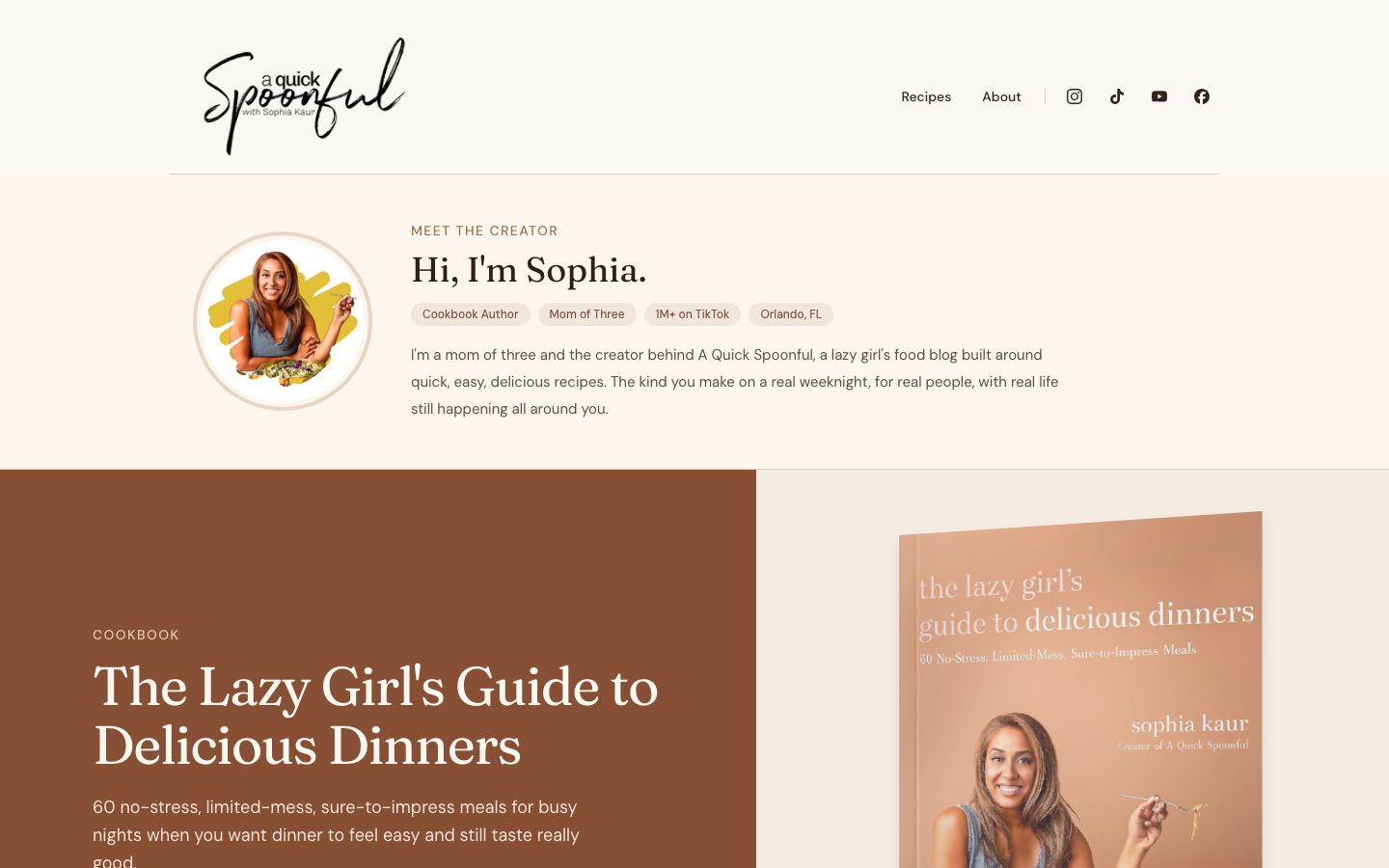 Homepage screenshot of A Quick Spoonful showing Sophia Kaur's creator section, cookbook feature, and latest recipes.