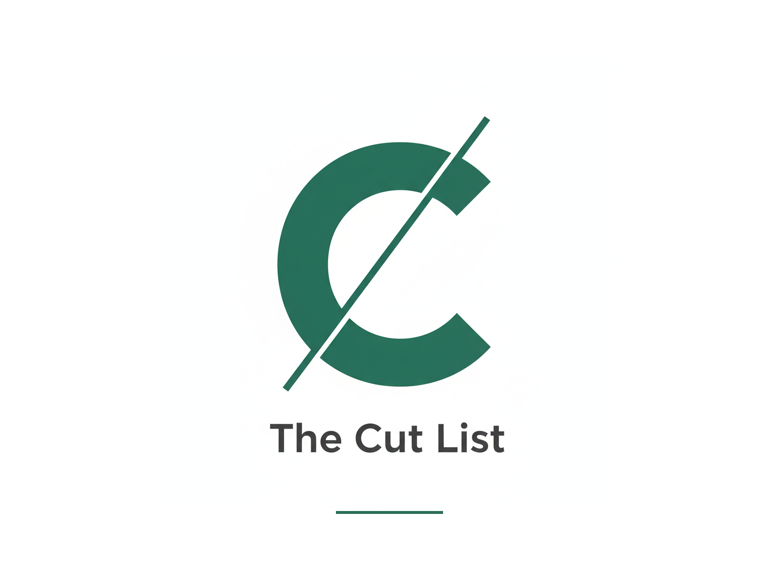 The Cut List logo lockup: a dark green slashed-C monogram above the 'The Cut List' wordmark with a green underline, centered on a warm off-white background.